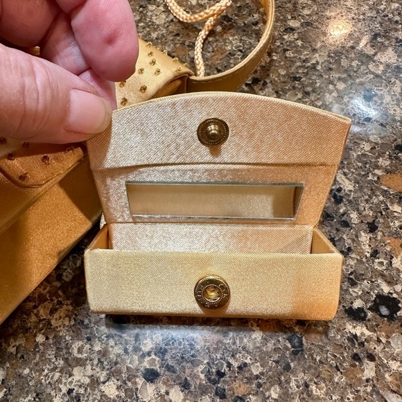 SASHA NEW YORK, GOLD SATIN, BEADED HANDBAG WITH HAND STRAP OR SHOULDER STRAP. - Picture 2 of 7